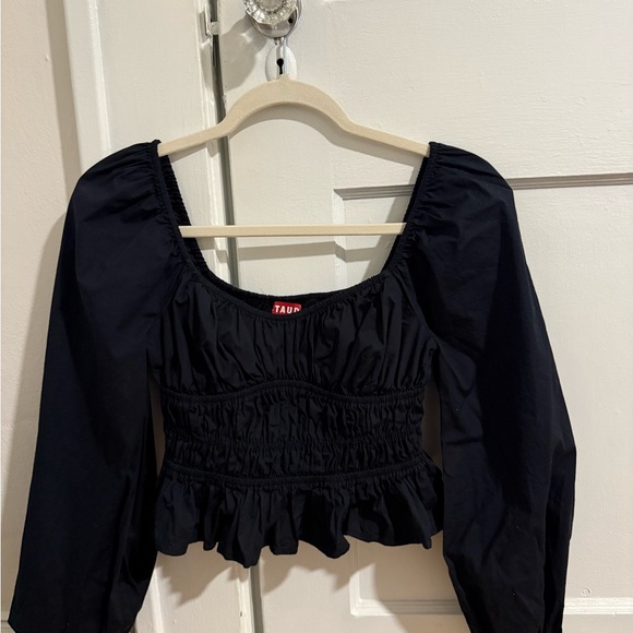STAUD Black Smocked Blouse with Puff Sleeves - Picture 2 of 5